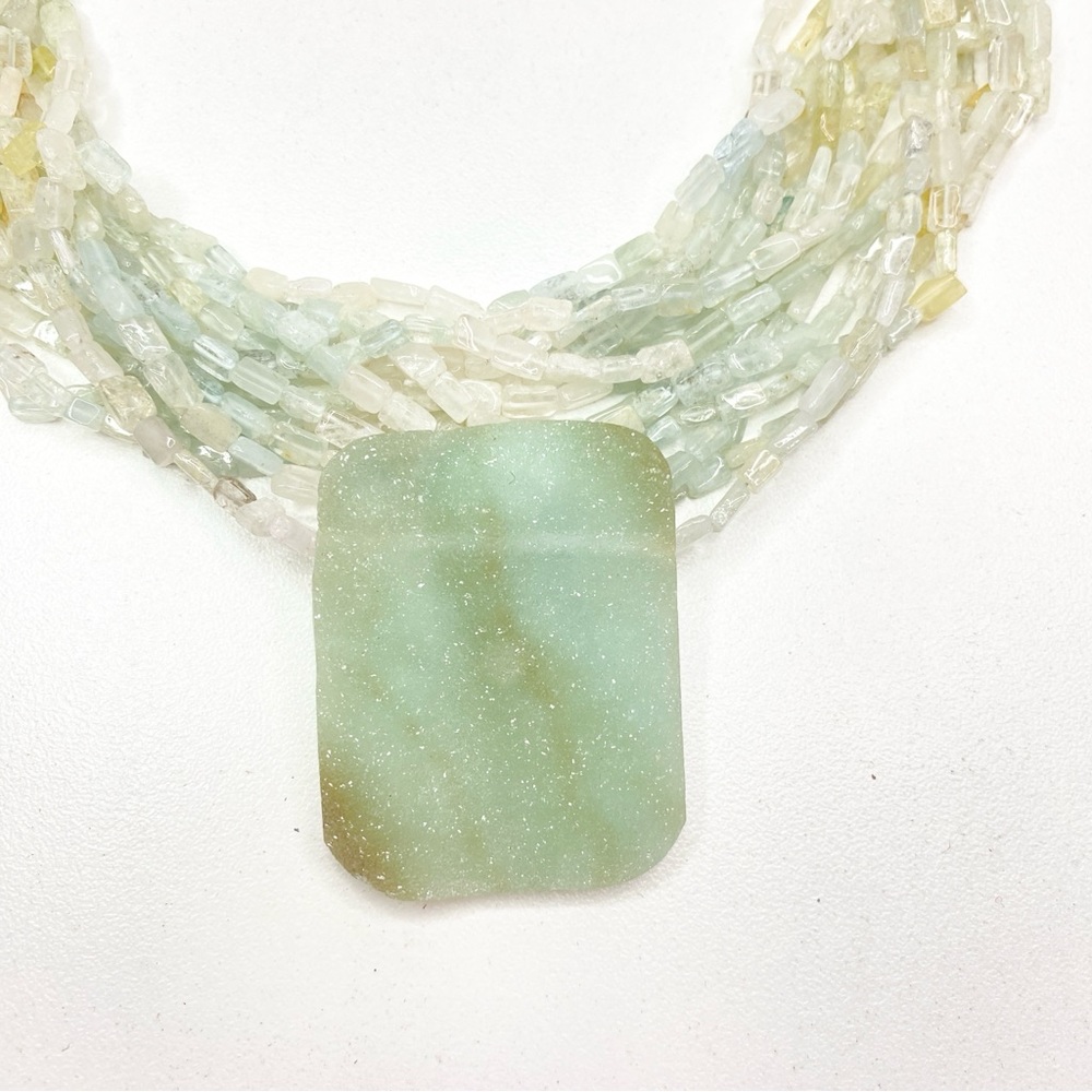 Vintage Pale Green Multi-Strand Beaded Necklace with Rectangular Pendant - Picture 2 of 15